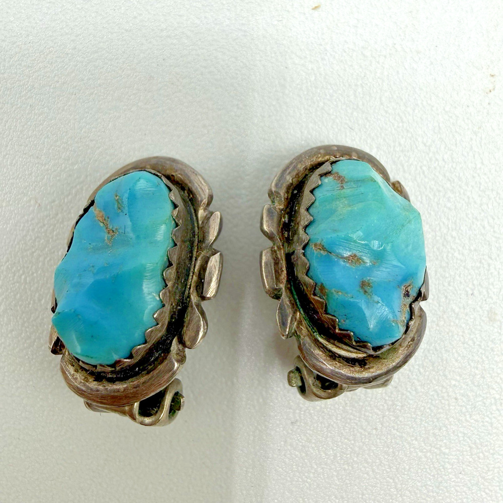 Estate Vtg Native American Sterling Silver Southwest Turquoise Clip On Earrings